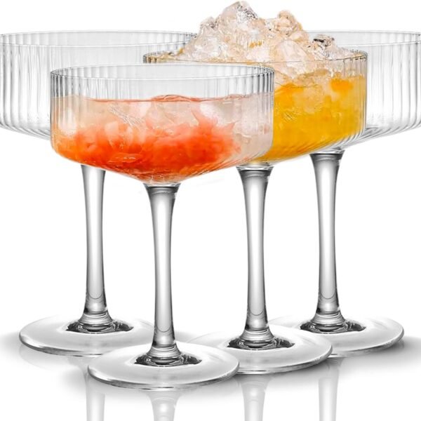 4 Pcs Ribbed  Glasses, 10 oz Vintage  Glass Set, Unique Martini Glass, Classic Cocktail Galssware, Bar Drinking Glasses Set Pefect for Cocktail, Wine, Champagne & Gift