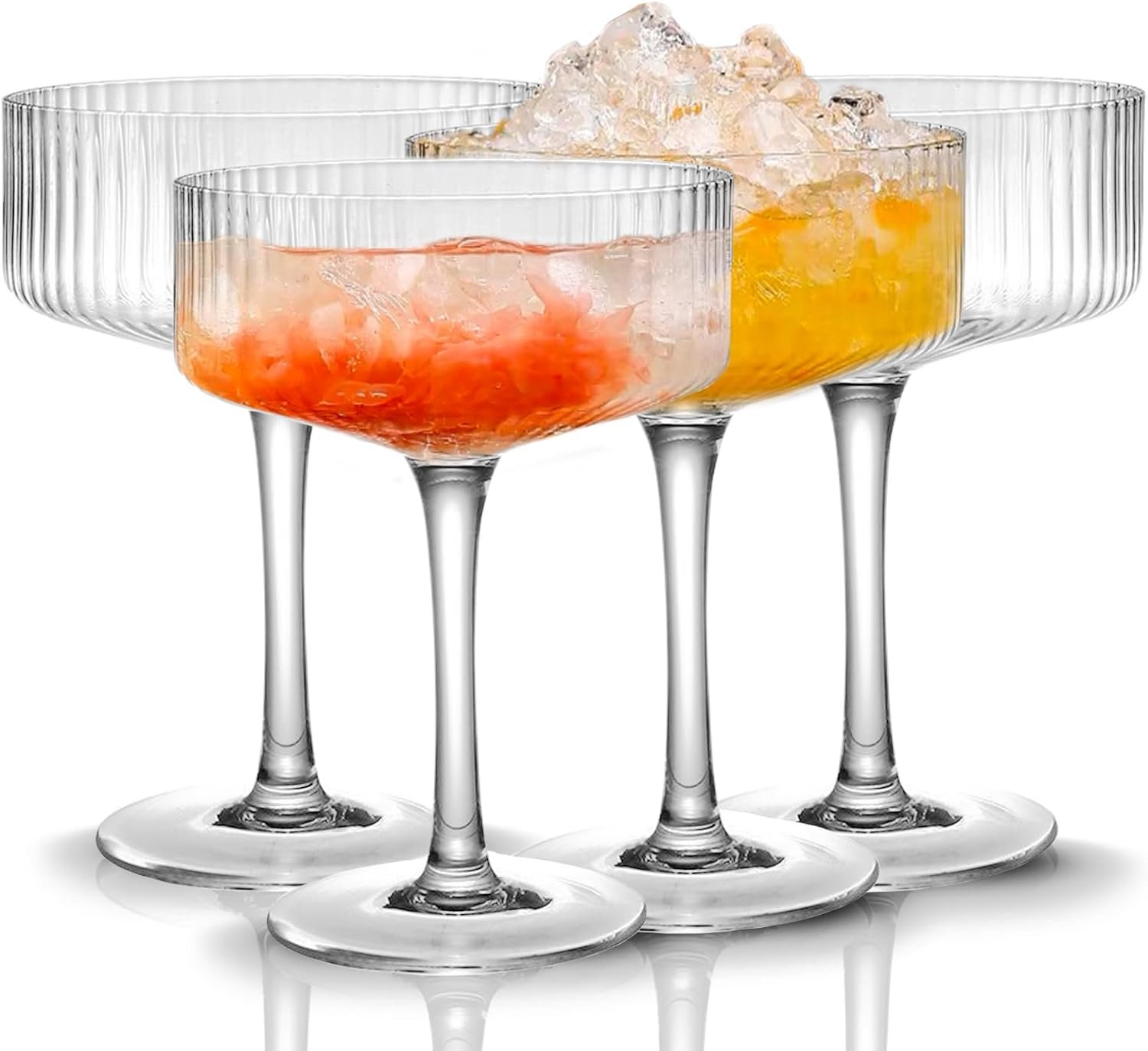 4 Pcs Ribbed Glasses, 10 oz Vintage Glass Set, Unique Martini Glass, Classic Cocktail Galssware, Bar Drinking Glasses Set Pefect for Cocktail, Wine, Champagne & Gift