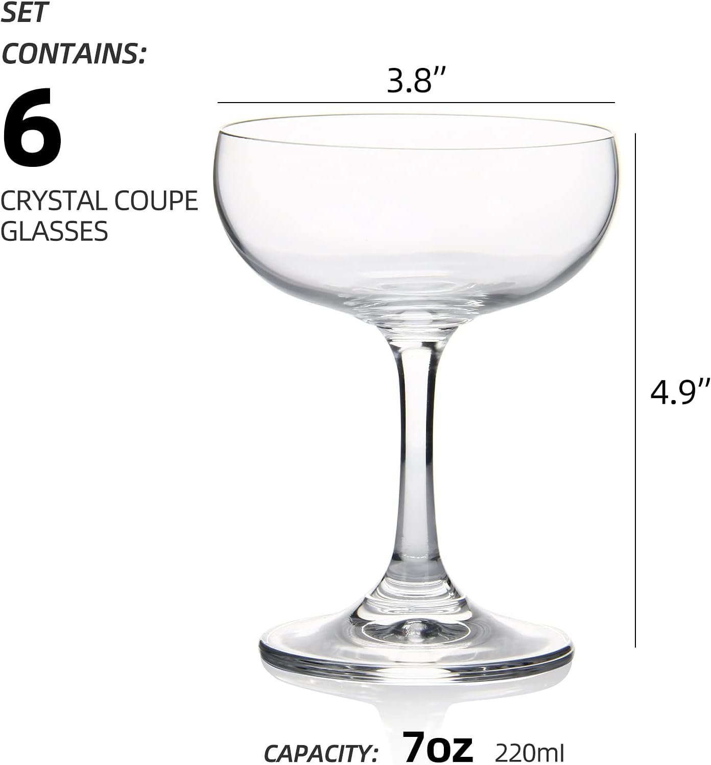 Crystal Glasses, Set of 6, 7 Ounce(220ml), Elegant Short Stem Design, Clear Cocktail Glasses Sets Perfect for Drinking Champagne, Sweet Wine, etc. - Image 2