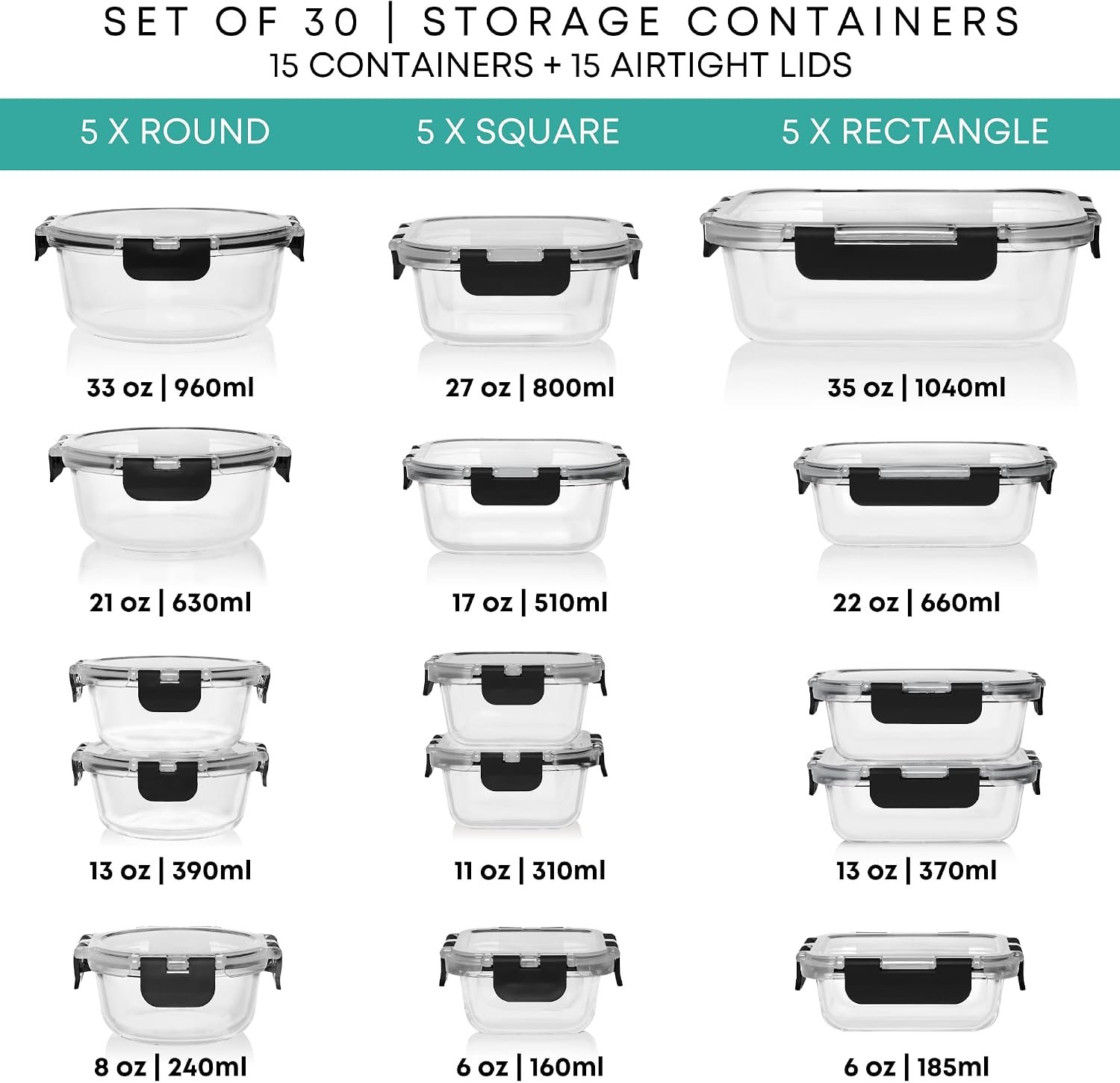 30-Piece Glass Storage Containers with Snap Lids, Leakproof, Oven Safe - Image 2