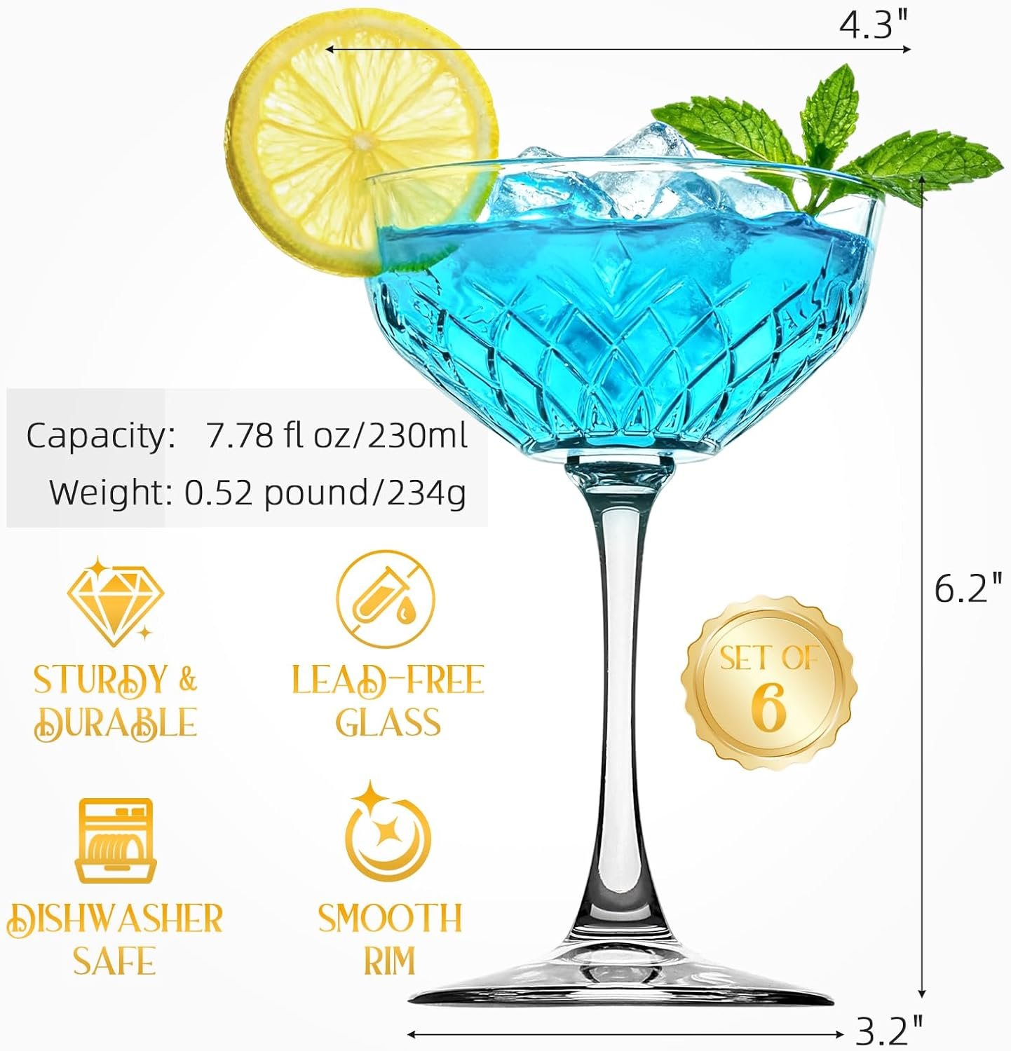 Glasses Set of 6, Diamond Style Classic Crystal Glass Martini Glasses, Clear Hand Blown Cocktail Glasses for Drink, Martini, Espresso Martini, Home Bar - Image 2