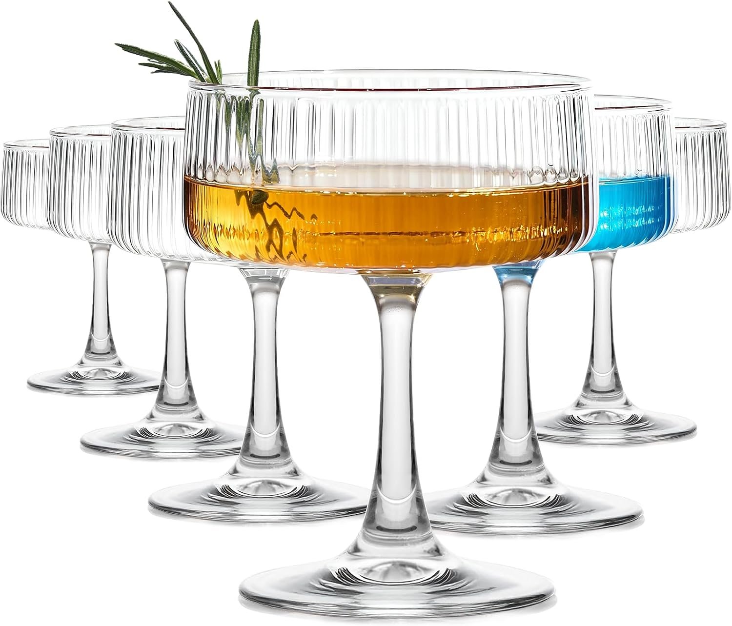 Glasses Set of 6, Ribbed Large Martini Glass, 10oz Vintage Cocktail Glasses for Espresso Martini, Manhattan, Margarita, Pisco Sour, Home Bar