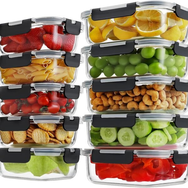 10-Pack Borosilicate Glass Containers, 36oz & 14oz, Locking Lids, Oven Safe