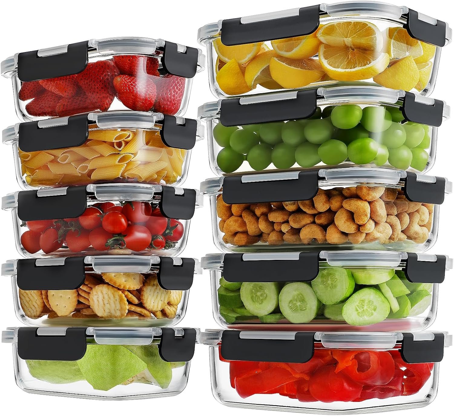 10-Pack Borosilicate Glass Containers, 36oz & 14oz, Locking Lids, Oven Safe