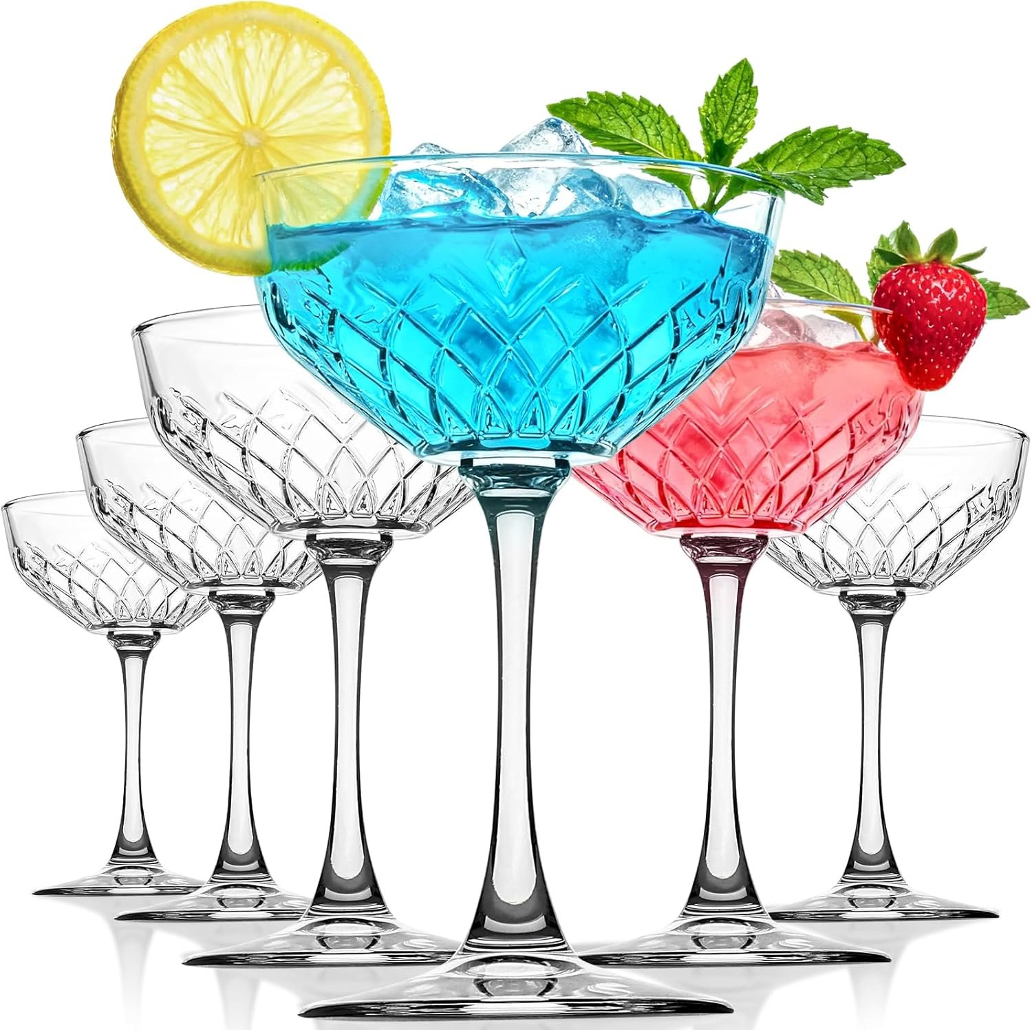 Glasses Set of 6, Diamond Style Classic Crystal Glass Martini Glasses, Clear Hand Blown Cocktail Glasses for Drink, Martini, Espresso Martini, Home Bar